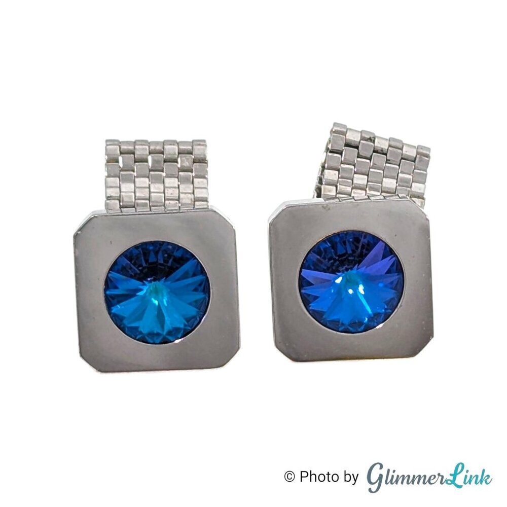 Vintage Foster Blue Rivoli MCM Silver Tone Cufflinks with Detachable Mesh Wrap